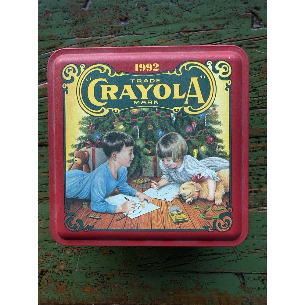 1992 Crayola Christmas Tin  Vintage Holiday Crayon Collectible Storage‎ Box